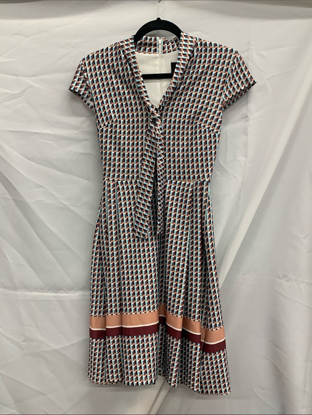Geometric Tie-Neck Fit-and-Flare Dress in Blue and Brown